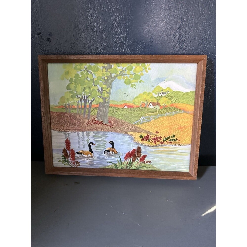 Crewel on print with wooden frame handmade approx 21x17 in